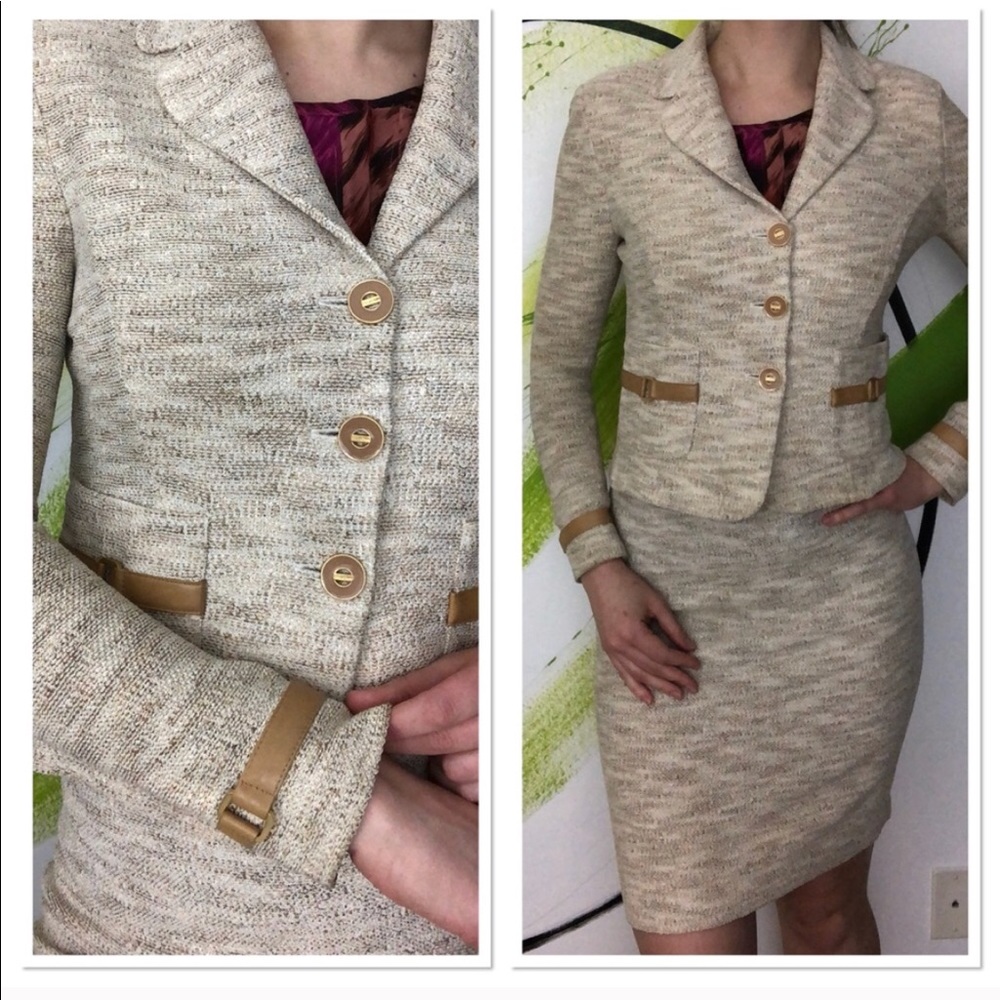 St. John Collection Beige Cream Tweed Skirt Suit with Tan Trim